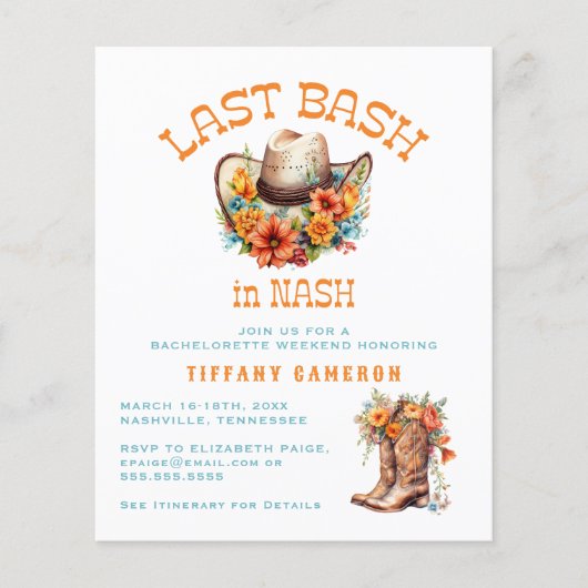 Laatste Bash Nash Cowgirl Afscheidsfeestje Budget Flyer (Voorkant)