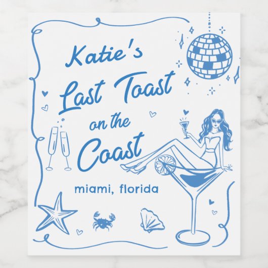 Laatste Toast Coast Beach Blauwe Bachelorette Fees Wijn Etiket (Enkel label)