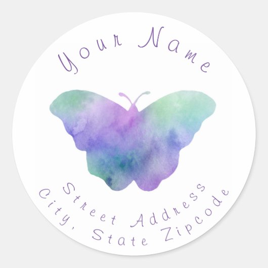 Label "Blue Turquoise Violet Waterverf Butterfly" (Voorkant)