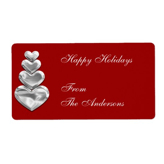 Label Gift Sticker Zilveren Harten op Rood (Voorkant)