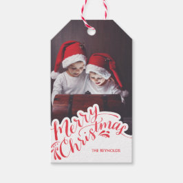 Label met briefterende kerstfoto's met handschrift cadeaulabel