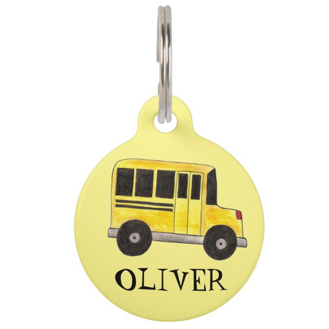 Label van gele schoolbus met wieltjes huisdierpenning (Voorkant)