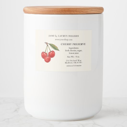 Label voor kersenconserve met ingrediëntenlijst voedselcontainer etiket (Voorkant)