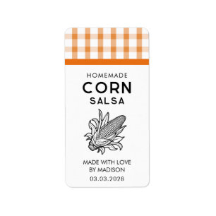 Label voor maïssalsa met kolf en geruit patroon