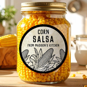 Label voor maïssalsa met zwarte en witte kolven