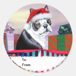 Labels met de kerstcadeautjes van Boston Terrier