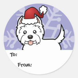 Labels met kerstcadeautjes voor witte terrier met