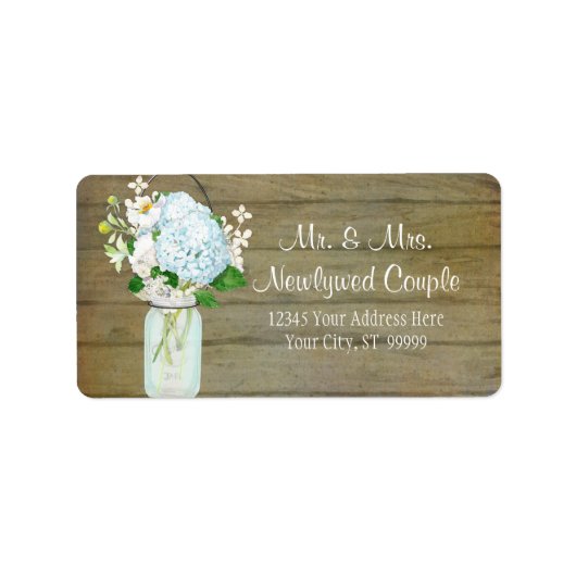 Labels Rustiek Land Mason Jar Blauw Hydrangeas (Voorkant)