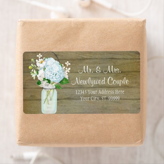 Labels Rustiek Land Mason Jar Blauw Hydrangeas (Insitu)