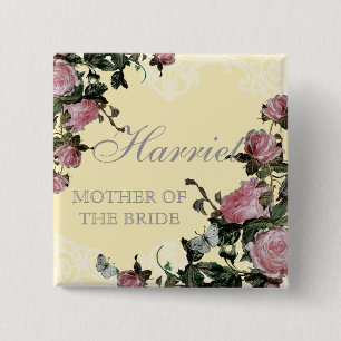 Labels van de Bridal-partij, Trellis Roos Vintage Vierkante Button 5,1 Cm