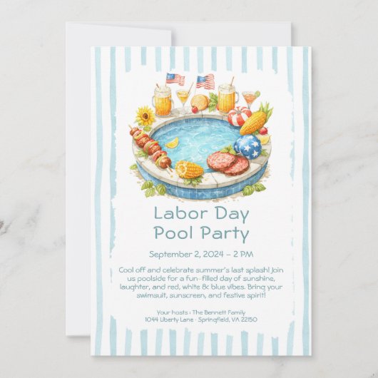Labor Day Pool Party Rood Wit en Blauw Uitnodiging (Voorkant)