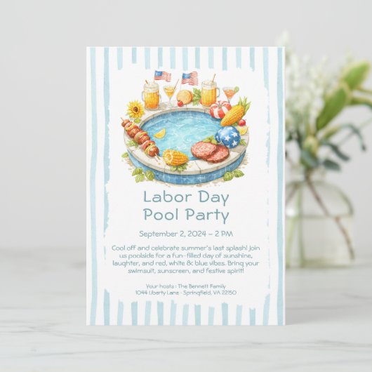 Labor Day Pool Party Rood Wit en Blauw Uitnodiging (Staand voorkant)