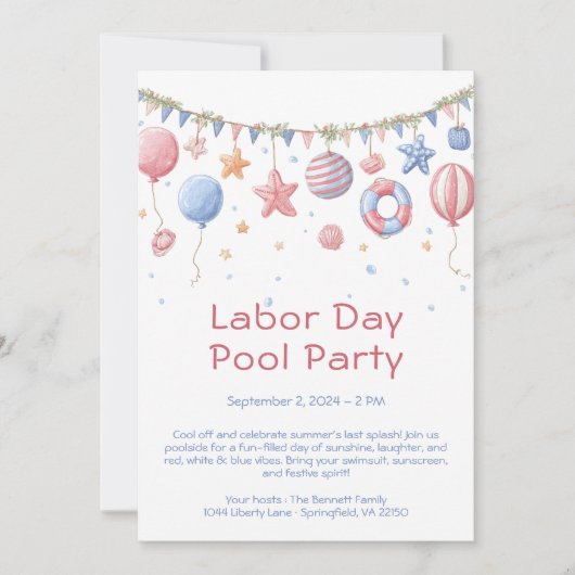 Labor Day Pool Party Rood Wit en Blauw Uitnodiging (Voorkant)