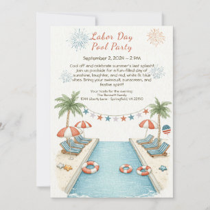 Labor Day Pool Party Rood Wit en Blauw Uitnodiging