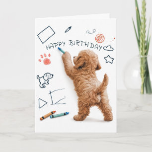 Labradoodle-hond krabbelt voor verjaardagsgrap kaart