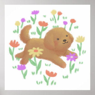 Labradoodle met bloemen illustratie poster
