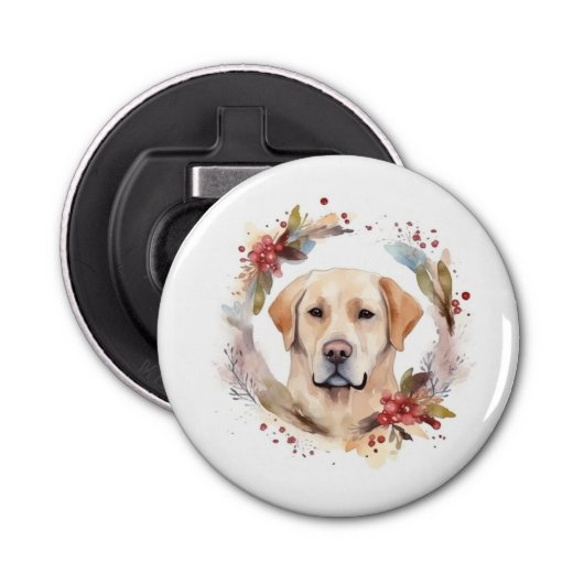 Labrador Kerstkrans Feestelijke Pup Button Flesopener (Voorkant)