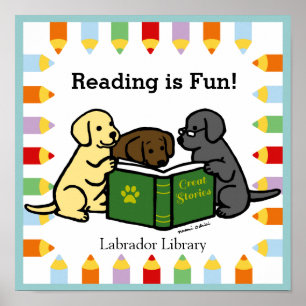 Labrador Puppies Reading Cartoon Poster