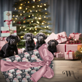 Labrador Puppy Moderne Roze Bogen Kerstmis SM Cadeaupapier