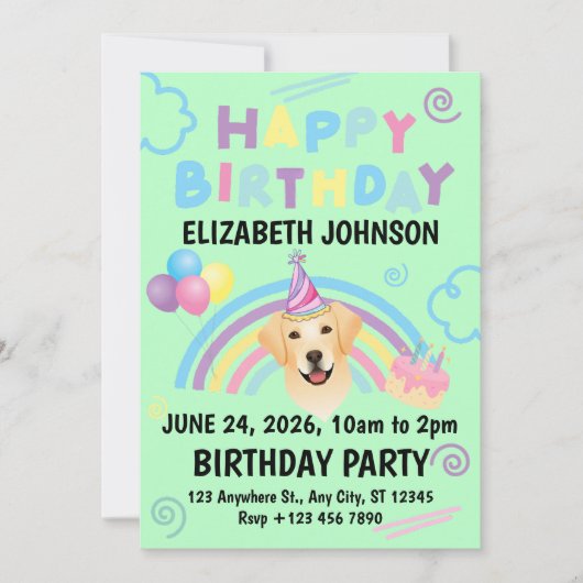 Labrador Retriever Birthday Invitation Green (Devant)