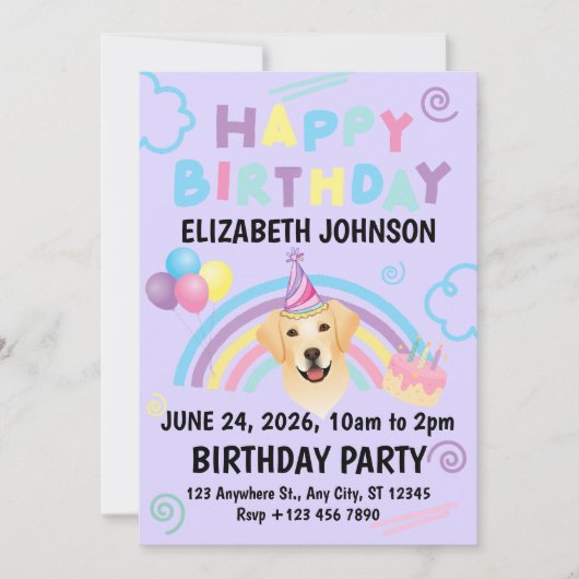 Labrador Retriever Birthday Invitation Purple (Devant)