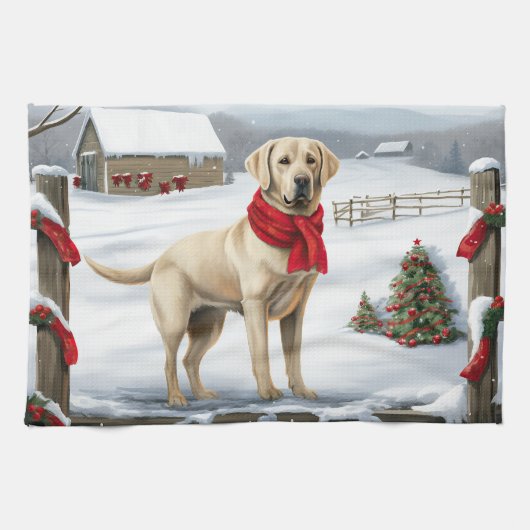Labrador Retriever Hond in Sneeuw Kerstmis Theedoek (Horizontaal)