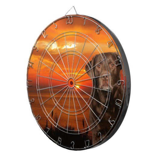 Labrador Retriever Hond Zittend naast zonsondergan Dartbord (Voorkant Rechts)
