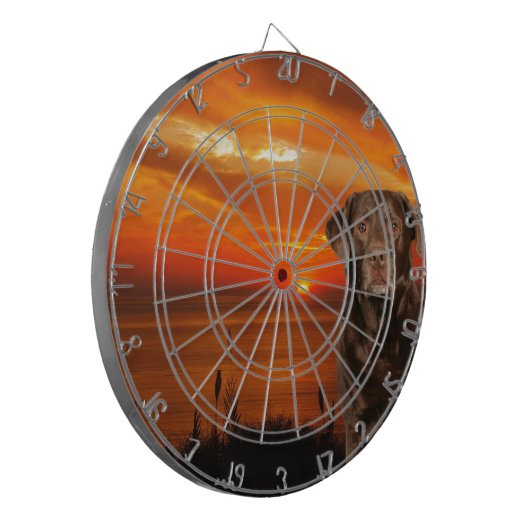 Labrador Retriever Hond Zittend naast zonsondergan Dartbord (Voorkant Links)