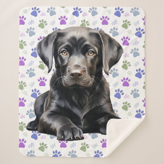 Labrador Retriever Puppy Kleurrijke Paw Prints Hon Sherpa Deken (Voorkant)