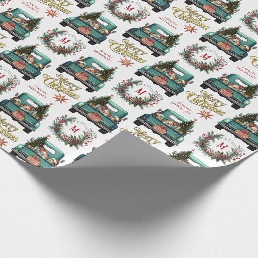 Labrador Retriever Puppy Retro Truck Monogram Cadeaupapier (Hoek)