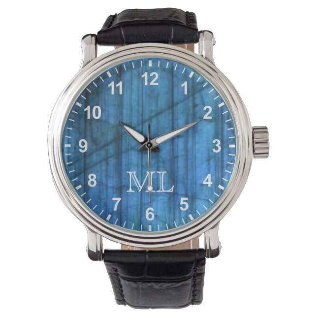 Labradorite Pareltjes Blue Monogram Nummers Horloge (Voorkant)