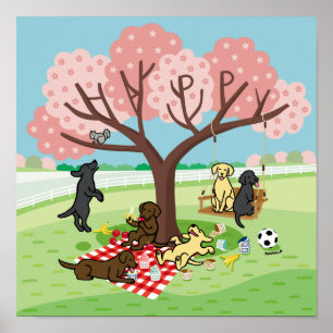 Labradors en Happy Cherry Blossom Poster