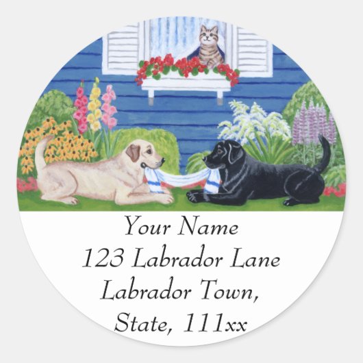 Labradors in de tuin Adreslabel Ronde Sticker (Voorkant)
