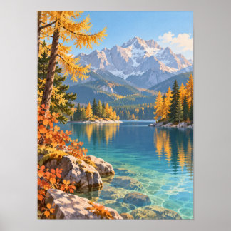 Lac de montagne en automne avec mélèzes – Affiche