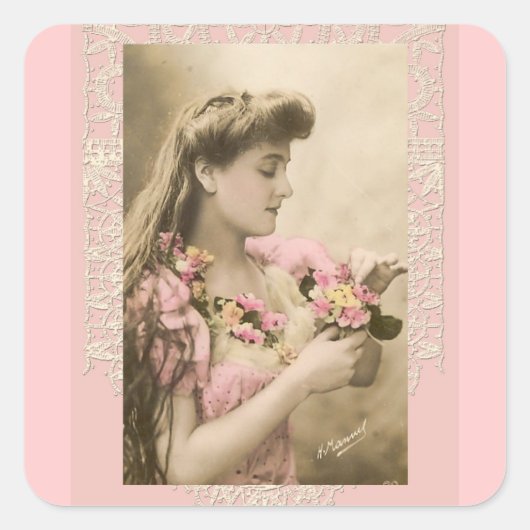 lace and posies victorian lady vierkante sticker (Voorkant)