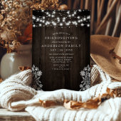 Lace and Wood String Lights Rustic Friendsgiving Kaart