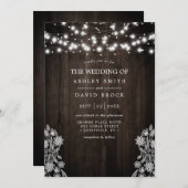 Lace and Wood String Lights Rustic Wedding Kaart (Voorkant / Achterkant)