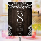 Lace and Wood String Lights Rustic Wedding Kaart