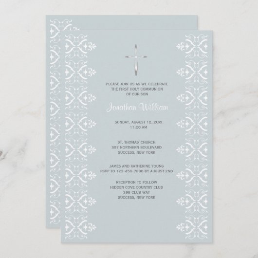 Lace Borders Blue Religion Invitation (Devant / Derrière)