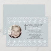 Lace Borders Blue Religious Photo Invitation Kaart (Voorkant / Achterkant)