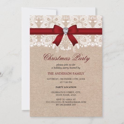 Lace Bow & Burlap Red Christmas Party Uitnodiging (Voorkant)