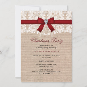 Lace Bow & Burlap Red Christmas Party Uitnodiging