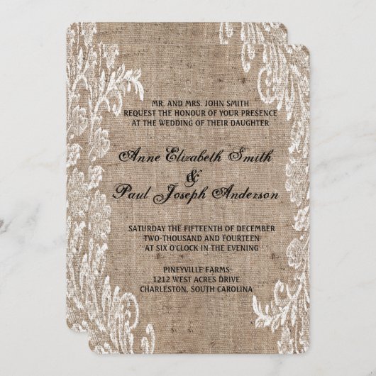 Lace Burlap bruiloft uitnodiging (Voorkant / Achterkant)