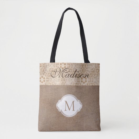 Lace Burlap Modern Rustic Trendy Monogram Draagtas (Voorkant)