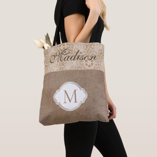 Lace Burlap Modern Rustic Trendy Monogram Draagtas (Dichtbij)