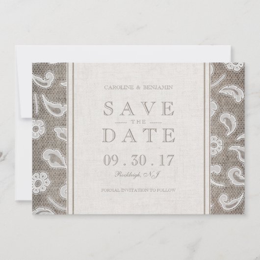 Lace burlap rustiek land bruiloft opslaan van de d save the date (Voorkant)