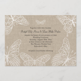 Lace Butterflies op Burlap Wedding Invitation 2 Kaart