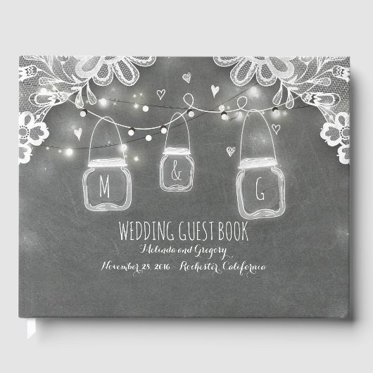 Lace Chalkboard Mason Jar Lights Rustieke bruiloft Gastenboek (Voorkant)