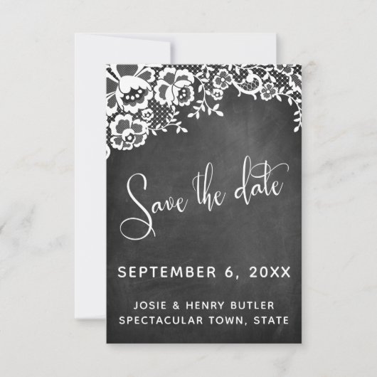 Lace Chalkboard Moderne Kalligrafie Save the Date RSVP Kaartje (Voorkant)