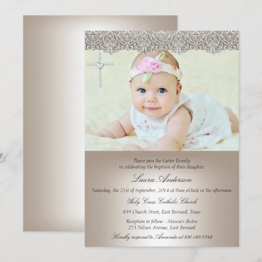 Lace Cross Baptême Christening Invitation (Devant / Derrière)
